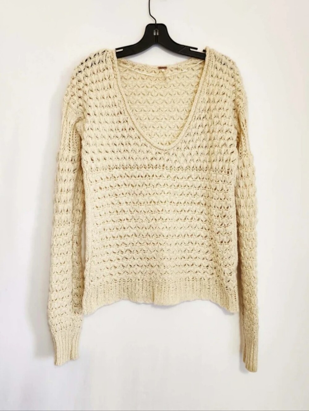 Free People XS Cream Crochet Open Knit Wool Blend Boho Pullover Sweater